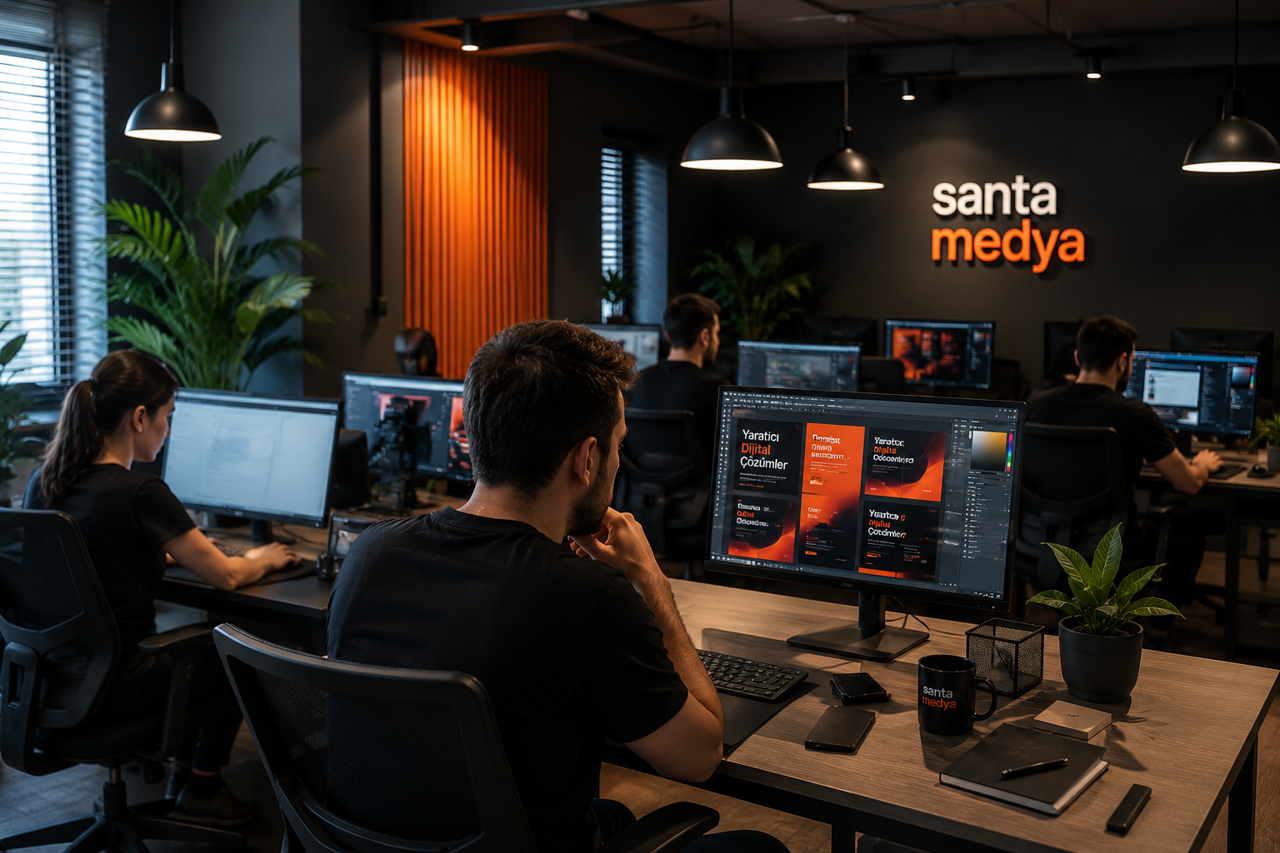 Santa Medya ofisinde masalarında çalışan tasarım ekibi; duvarda Santa Medya logosu, ekranlarda hazırlanan web sayfası tasarımları.